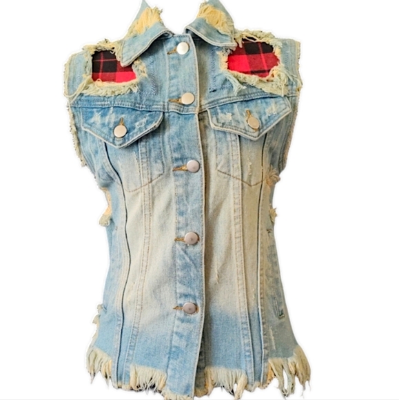 UNIF Distressed Denim and Red Flannel Vest - Picture 1 of 12